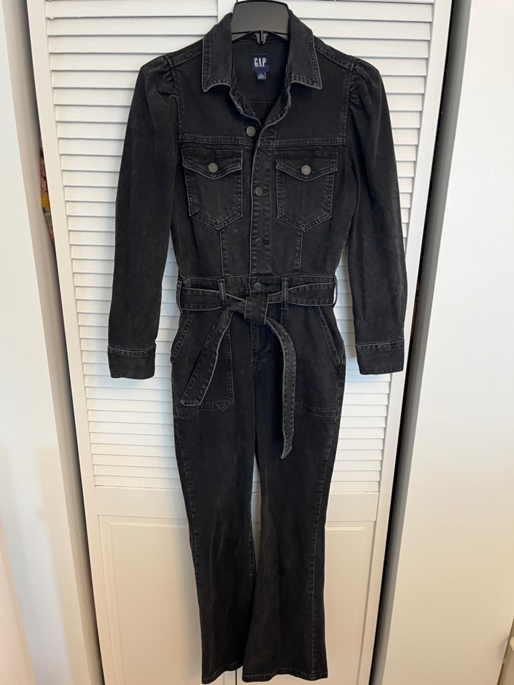 GAP Black Denim Women's Flare Leg Puffed Sleeve Jumpsuit
